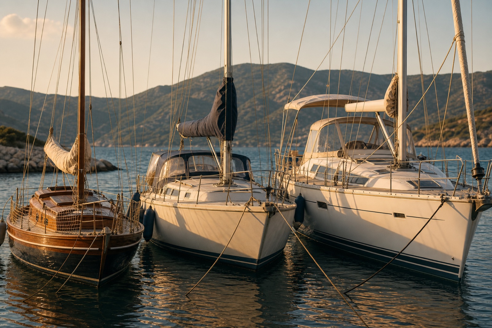 Barche a vela ormeggiate al tramonto